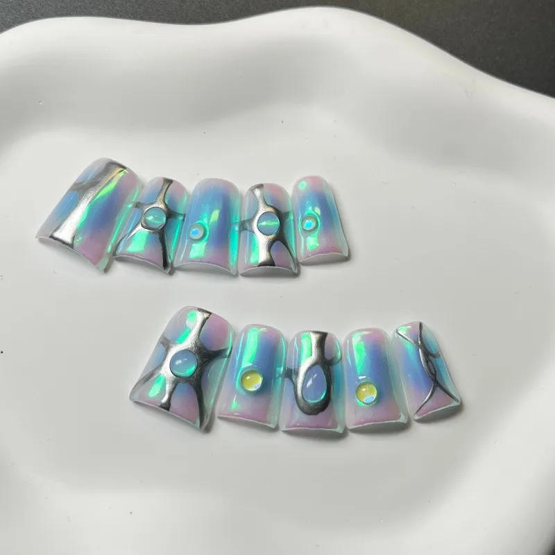 10PCS Handmade Holographic Nails Futuristic Press on Nails Duckbill Metallic Silver Opal Glow False Nails Iridescent Y2K Style
10PCS Handmade Holographic Nails Futuristic Press on Nails Duckbill Metallic Silver Opal Glow False Nails Iridescent Y2K Style