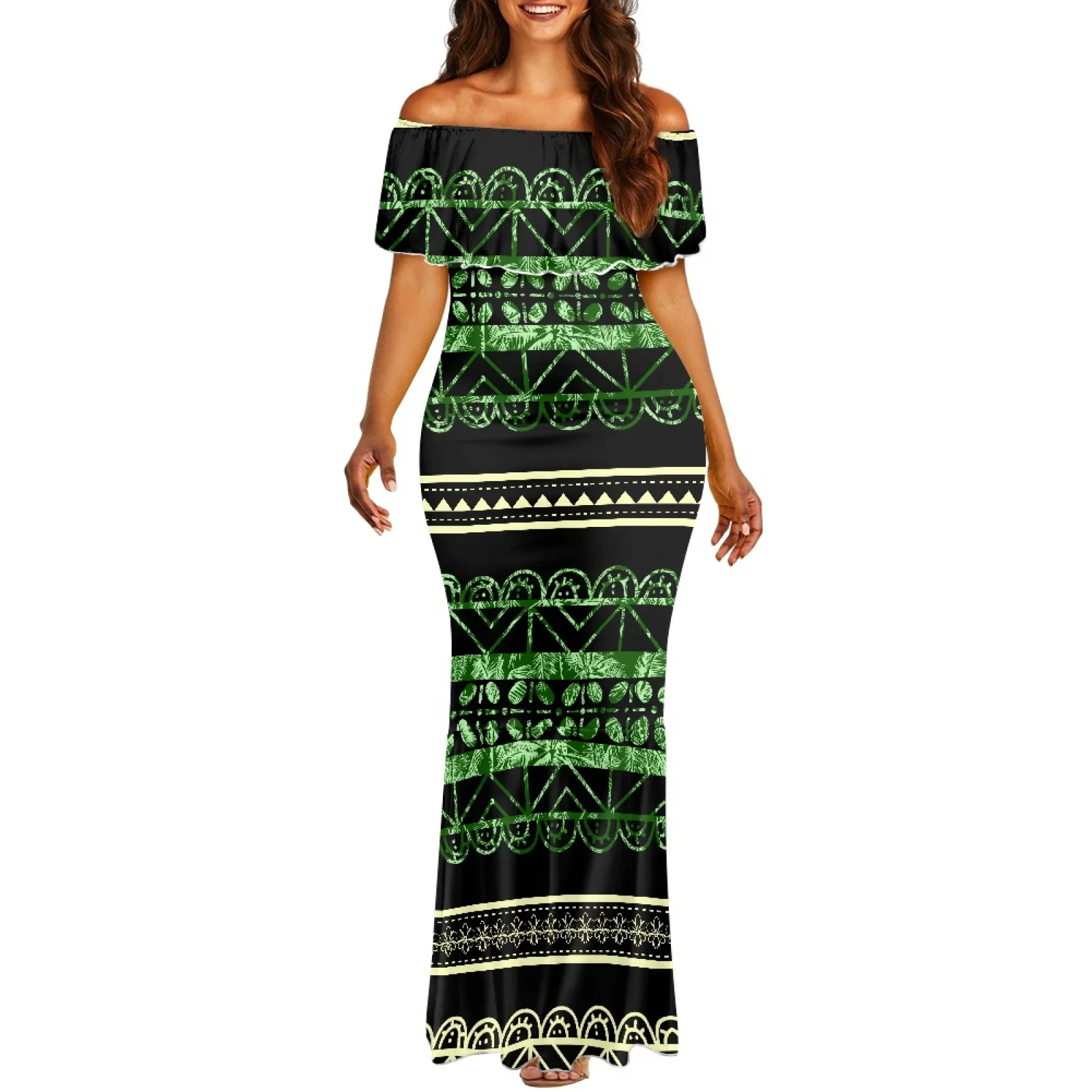 Polynesian Tribal Samoan Totem Tattoo,Samoa Prints,Formal Occasion Fashion,Sexy Beach Fishtail,Off Shoulder,Ruffles,Multicolor
Polynesian Tribal Samoan Totem Tattoo,Samoa Prints,Formal Occasion Fashion,Sexy Beach Fishtail,Off Shoulder,Ruffles,Multicolor