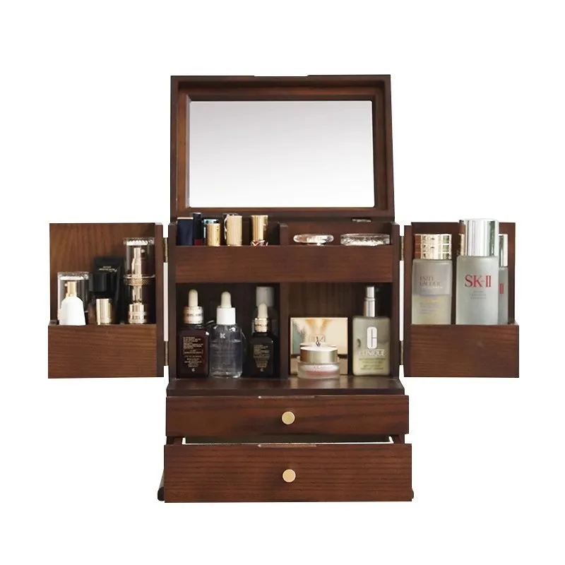 Wooden cosmetics storage box, jewelry integrated dustproof desktop dresser, skin care products, makeup bag with mirror 
Wooden cosmetics storage box, jewelry integrated dustproof desktop dresser, skin care products, makeup bag with mirror