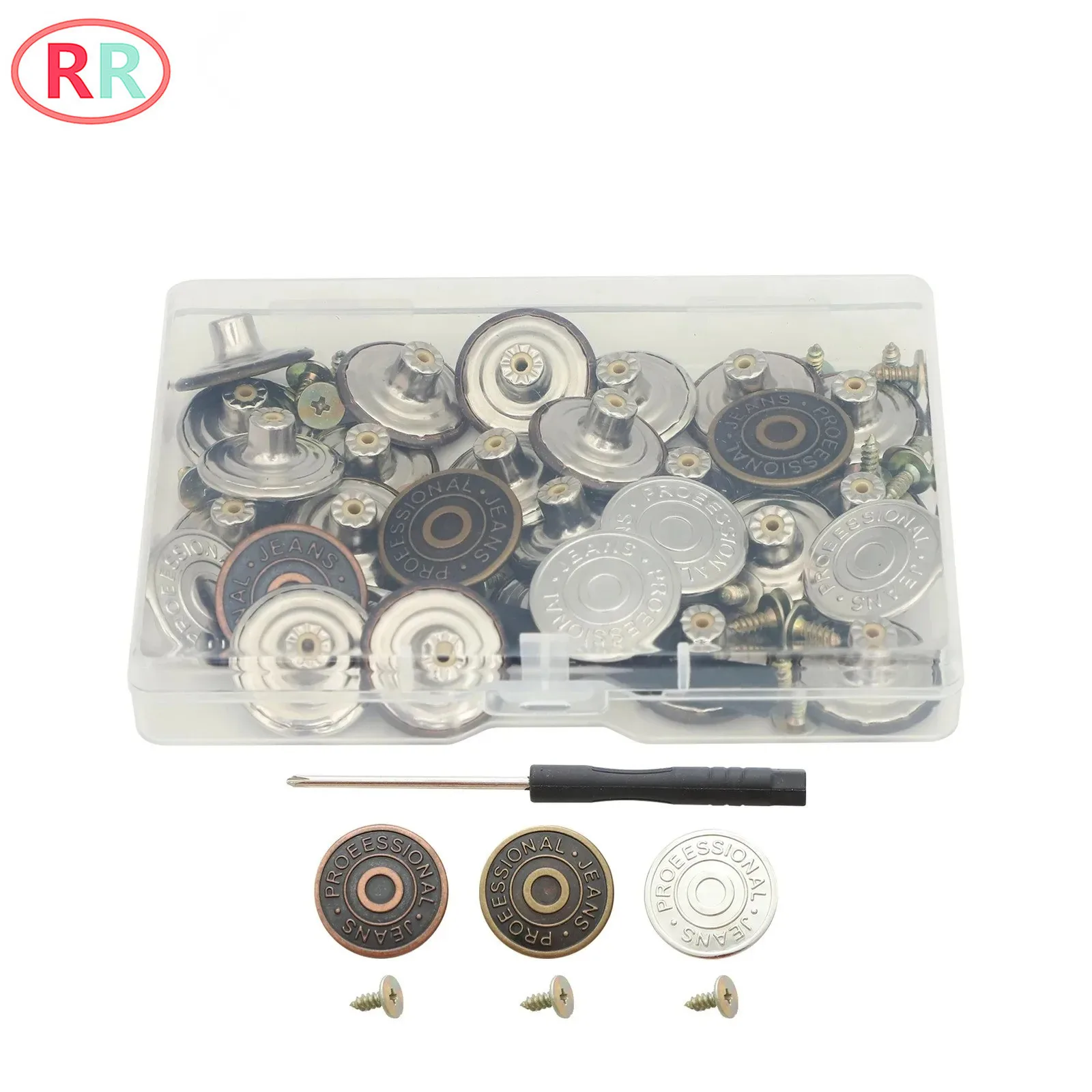 Metal Jeans Buttons Replacement Kit 3 Colors Buttons with Metal Base And Setter Tool in Storage Box
Metal Jeans Buttons Replacement Kit 3 Colors Buttons with Metal Base And Setter Tool in Storage Box