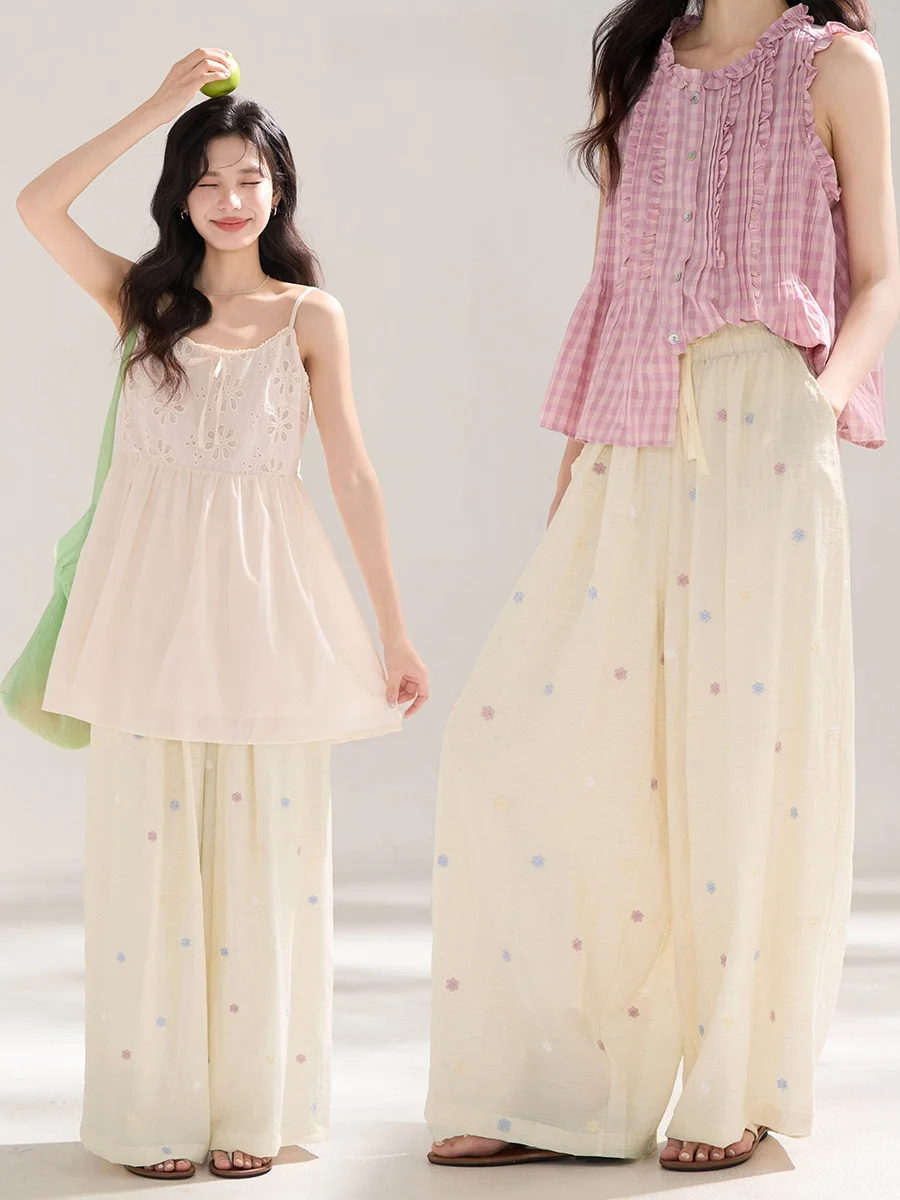 Женские летние повседневные брюки Sweet Mist с вышивкой цветов, свободные универсальные широкие брюки в корейском стиле, прямые брюки-трубы
Женские летние повседневные брюки Sweet Mist с вышивкой цветов, свободные универсальные широкие брюки в корейском стиле, прямые брюки-трубы