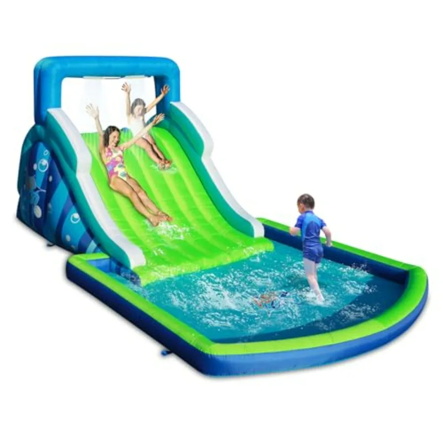Outdoor backyard water play for kids: inflatable water slide in blue and yellow, PVC material, 102 long slide, large splash poo
Outdoor backyard water play for kids: inflatable water slide in blue and yellow, PVC material, 102 long slide, large splash poo