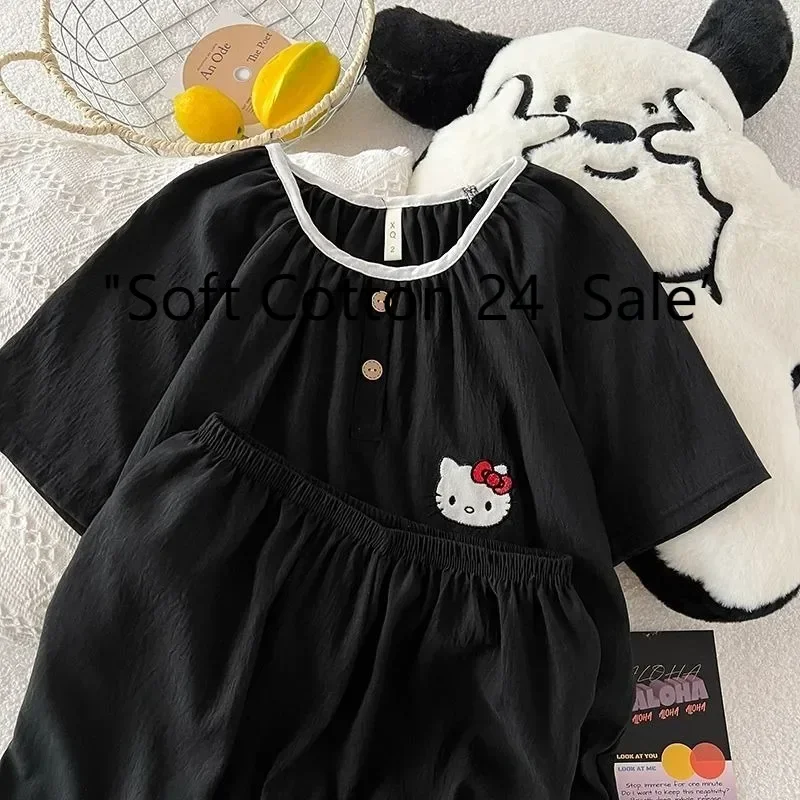 New Hello Kitty cartoon women's pajamas black cotton two-piece short-sleeved shorts Hello Kitty summer loose loungewear
New Hello Kitty cartoon women's pajamas black cotton two-piece short-sleeved shorts Hello Kitty summer loose loungewear