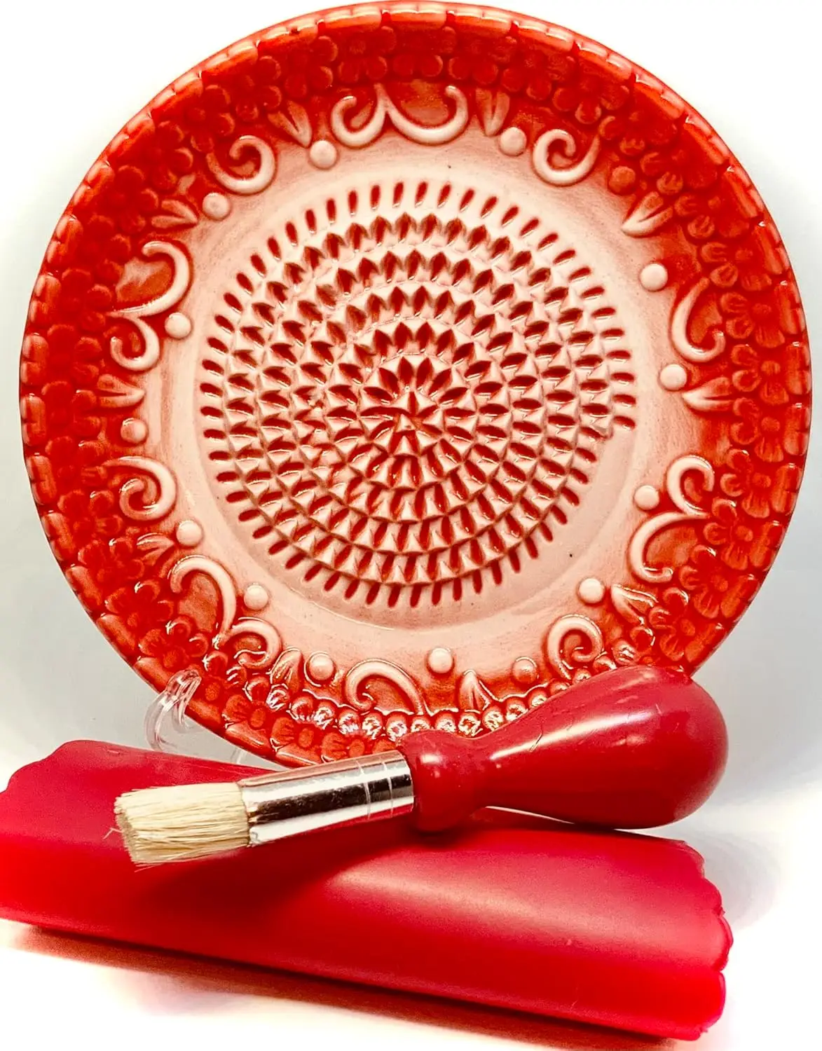 Ceramic Garlic Grater Plate 4-Piece Set - Red Embossed Design with Peeler, Brush, and Stand
Ceramic Garlic Grater Plate 4-Piece Set - Red Embossed Design with Peeler, Brush, and Stand