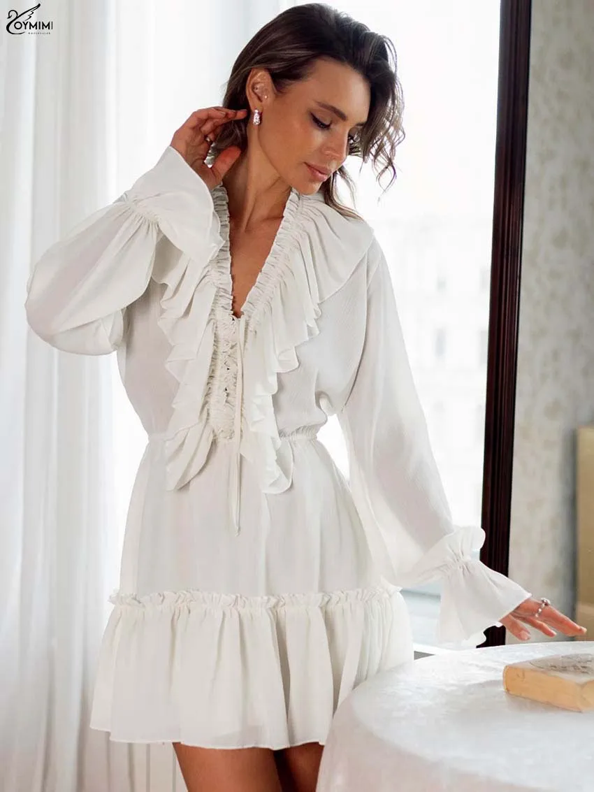 Oymimi Fashion Apricot Ruffled Womens Dresses Casual V-Neck Lace-Up Long Sleeve Dresses Elegant High Waisted Pleated Mini Dress 
Oymimi Fashion Apricot Ruffled Womens Dresses Casual V-Neck Lace-Up Long Sleeve Dresses Elegant High Waisted Pleated Mini Dress