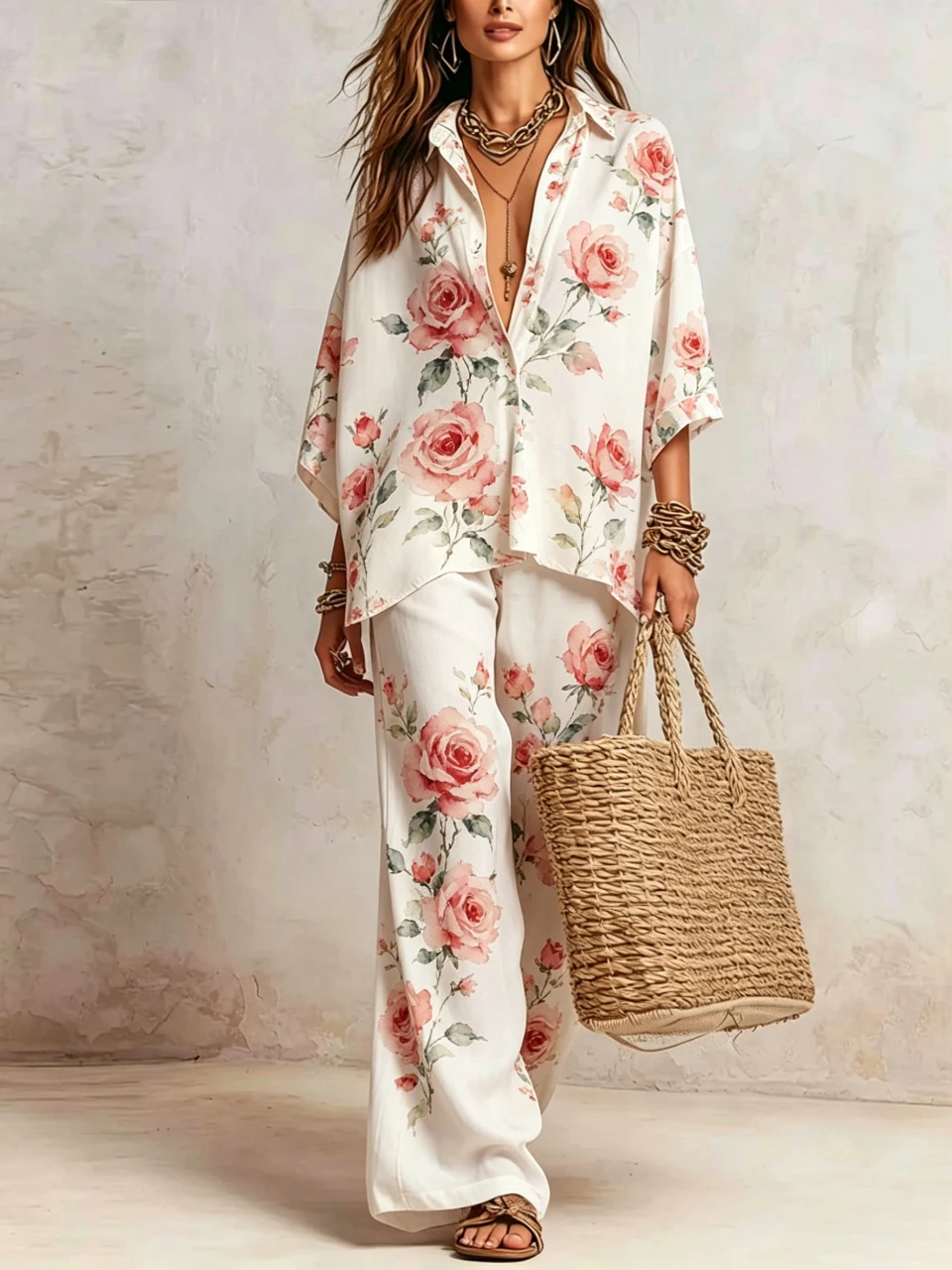 Elegant Rose Floral Print 2 Piece Set Women Summer Lapel 3/4 Sleeve Shirt Top & Wide Leg Pants Streetwear Loose Trousers Suit
Elegant Rose Floral Print 2 Piece Set Women Summer Lapel 3/4 Sleeve Shirt Top & Wide Leg Pants Streetwear Loose Trousers Suit