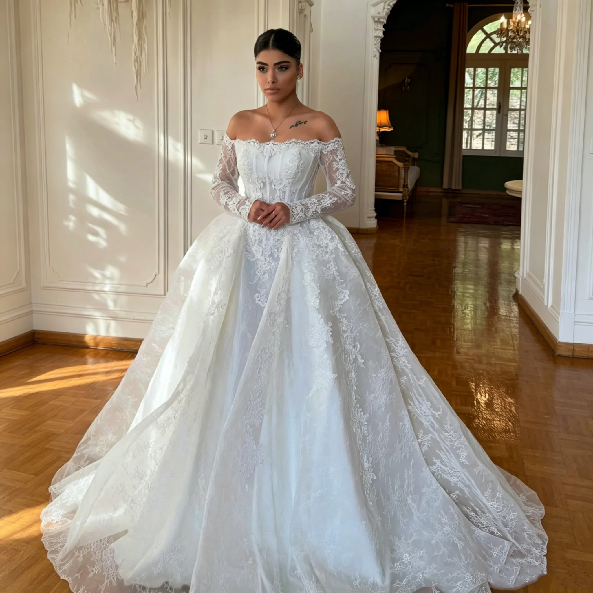 Elegant Off Shoulder Lace Long Sleeve White Wedding Dress Tight corset Church Tail Retro Bridal Ball Dress Customized
Elegant Off Shoulder Lace Long Sleeve White Wedding Dress Tight corset Church Tail Retro Bridal Ball Dress Customized