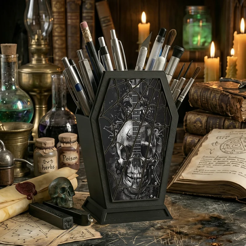 Gothic Coffin Pen Holder with Skull & Electric Guitar Print - Spooky Rock Music Desk Organizer for Halloween & Dark Academia
Gothic Coffin Pen Holder with Skull & Electric Guitar Print - Spooky Rock Music Desk Organizer for Halloween & Dark Academia