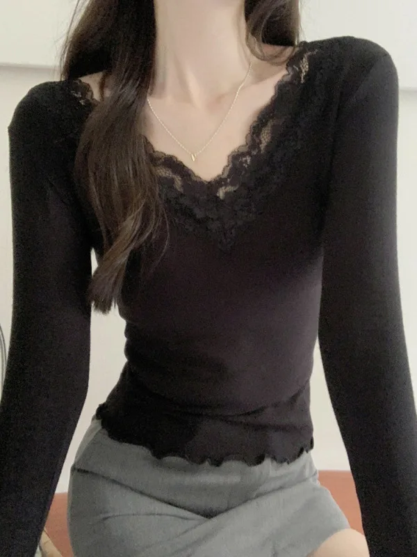 Autumn/winter Korean Version New V-neck Lace Splicing Long Sleeve Pullover Women Cinching Waist Solid Slim Short Top F345
Autumn/winter Korean Version New V-neck Lace Splicing Long Sleeve Pullover Women Cinching Waist Solid Slim Short Top F345