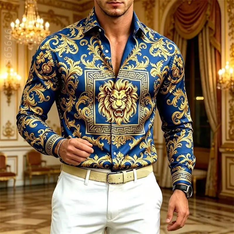 2026 new light luxury Baroque box gold lion print satin long sleeved shirt, navy blue men's business party formal shirt
2026 new light luxury Baroque box gold lion print satin long sleeved shirt, navy blue men's business party formal shirt