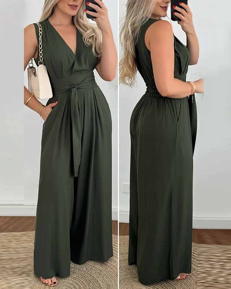 Summer New Women Tied Detail Pocket Design Tank Sleeveless V Neck Wide Leg Jumpsuit
Summer New Women Tied Detail Pocket Design Tank Sleeveless V Neck Wide Leg Jumpsuit