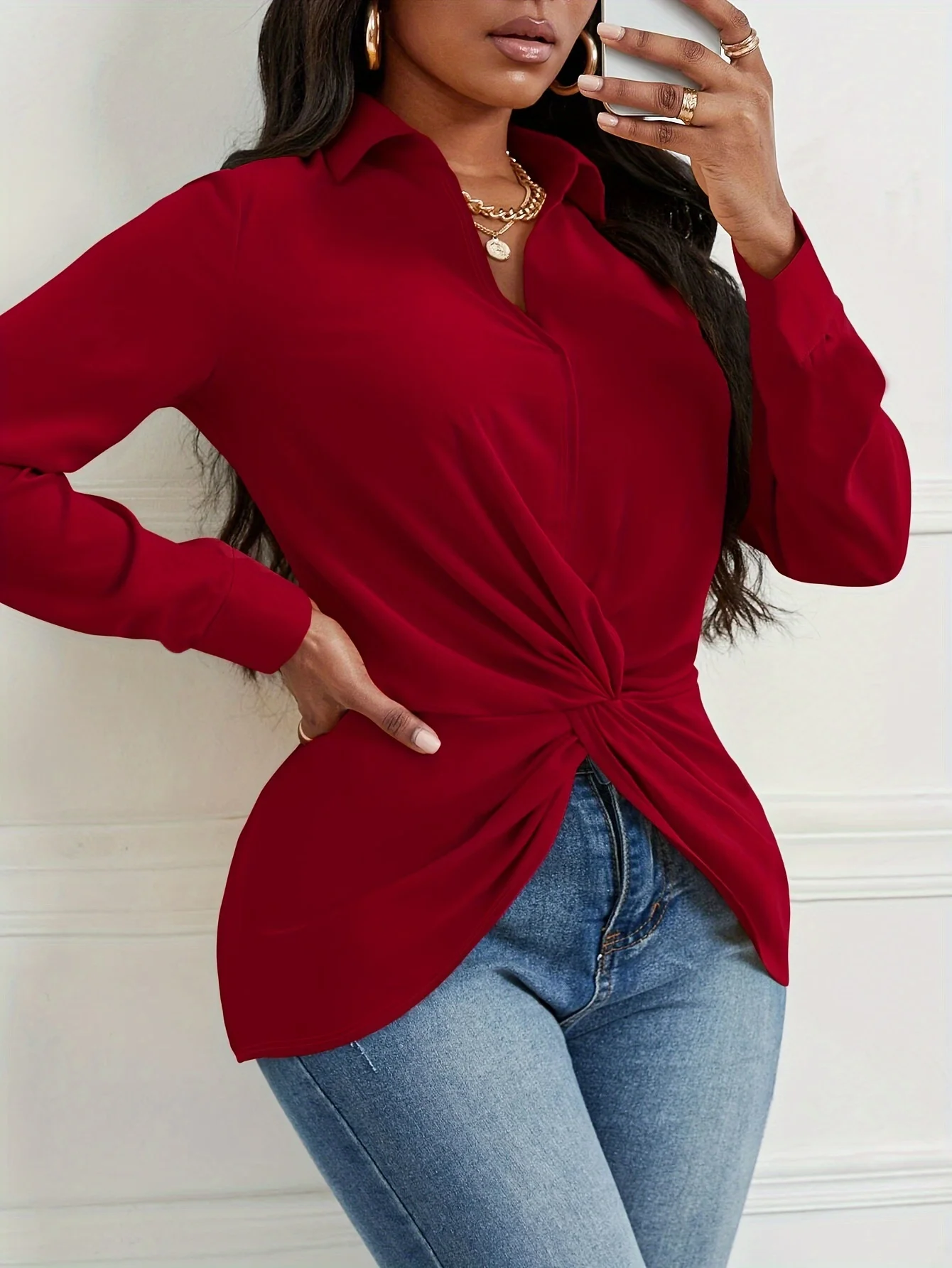 Solid V Neck Twist Front Blouse, Elegant Long Sleeve Blouse For Spring & Fall, Women's Clothing
Solid V Neck Twist Front Blouse, Elegant Long Sleeve Blouse For Spring & Fall, Women's Clothing