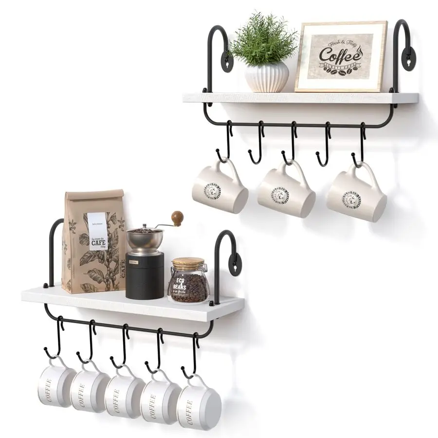 Floating Wall Shelves for Kitchen Bathroom Coffee Nook with 10 Adjustable Hooks for Mugs Cooking Utensils or Towel Rustic Storag
Floating Wall Shelves for Kitchen Bathroom Coffee Nook with 10 Adjustable Hooks for Mugs Cooking Utensils or Towel Rustic Storag