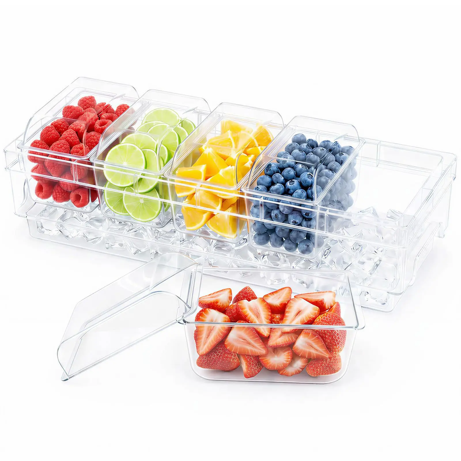 Plastic Chilled Condiment Tray with 5 Lidded Containers Ice Serving Platter for Taco Mimosa Bar Fruit Snack Salad
Plastic Chilled Condiment Tray with 5 Lidded Containers Ice Serving Platter for Taco Mimosa Bar Fruit Snack Salad