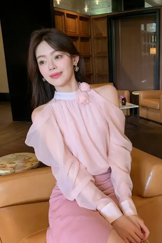Pink Off-shoulder Chiffon Shirt Women's Early Spring New Fashionable Top Small Shirts Long-sleeved Shirts E8235
Pink Off-shoulder Chiffon Shirt Women's Early Spring New Fashionable Top Small Shirts Long-sleeved Shirts E8235