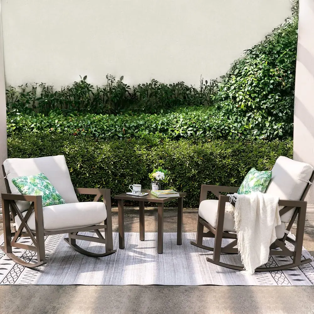 Rocking Bistro Set, 3 Piece Outdoor Patio Conversation Furniture Set with 2 Rockers and 1 Metal Coffee Table with Thick Cushion
Rocking Bistro Set, 3 Piece Outdoor Patio Conversation Furniture Set with 2 Rockers and 1 Metal Coffee Table with Thick Cushion