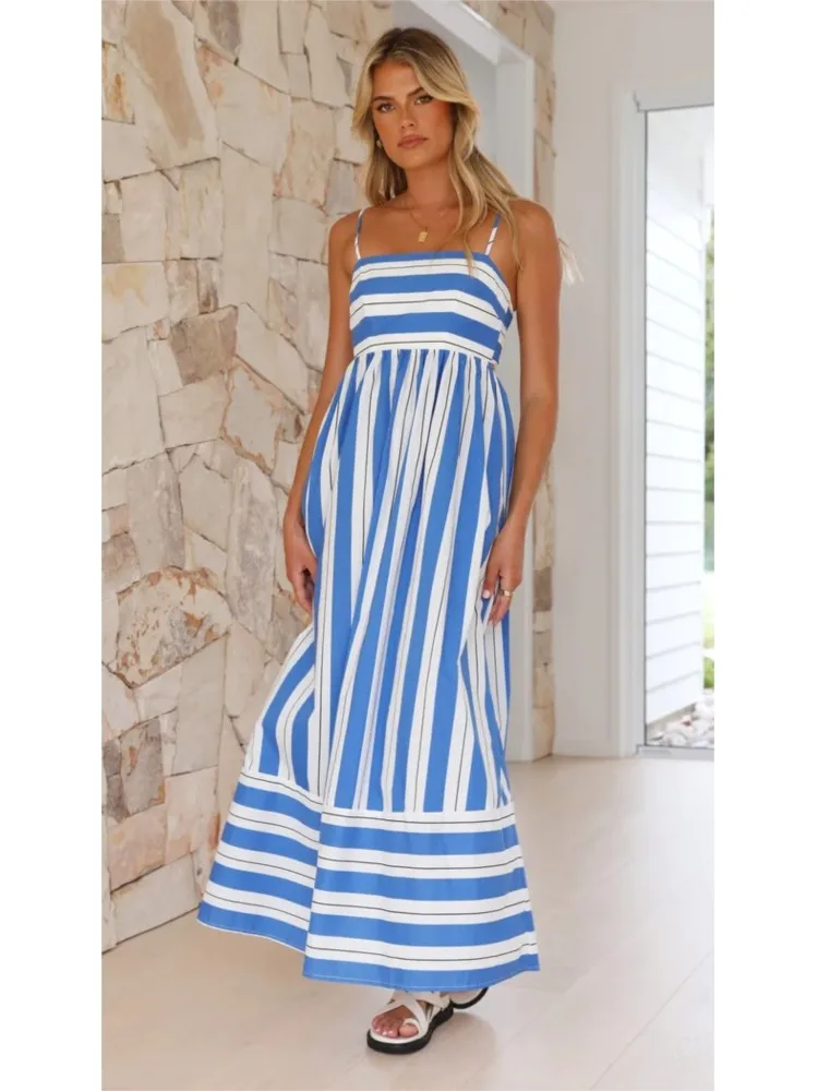 Woman Bohemian Style Dress Summer Women Fashion Striped Print Hanging Strap Dress Sexy Big Swing Long Dress Streetwear Clothing
Woman Bohemian Style Dress Summer Women Fashion Striped Print Hanging Strap Dress Sexy Big Swing Long Dress Streetwear Clothing