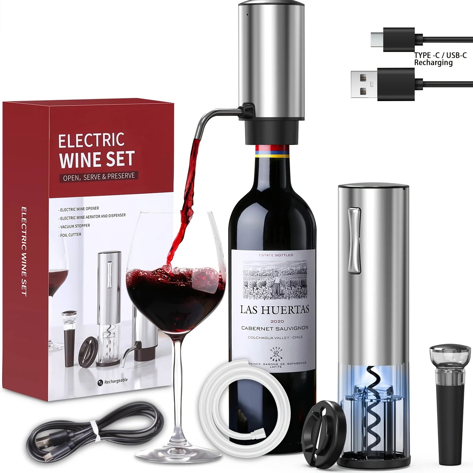 Electric Wine Opener Set - Automatic Rechargeable Corkscrew for Wine Bottles with Foil Cutter, Wine Aerator & Vacuum Stopper
Electric Wine Opener Set - Automatic Rechargeable Corkscrew for Wine Bottles with Foil Cutter, Wine Aerator & Vacuum Stopper