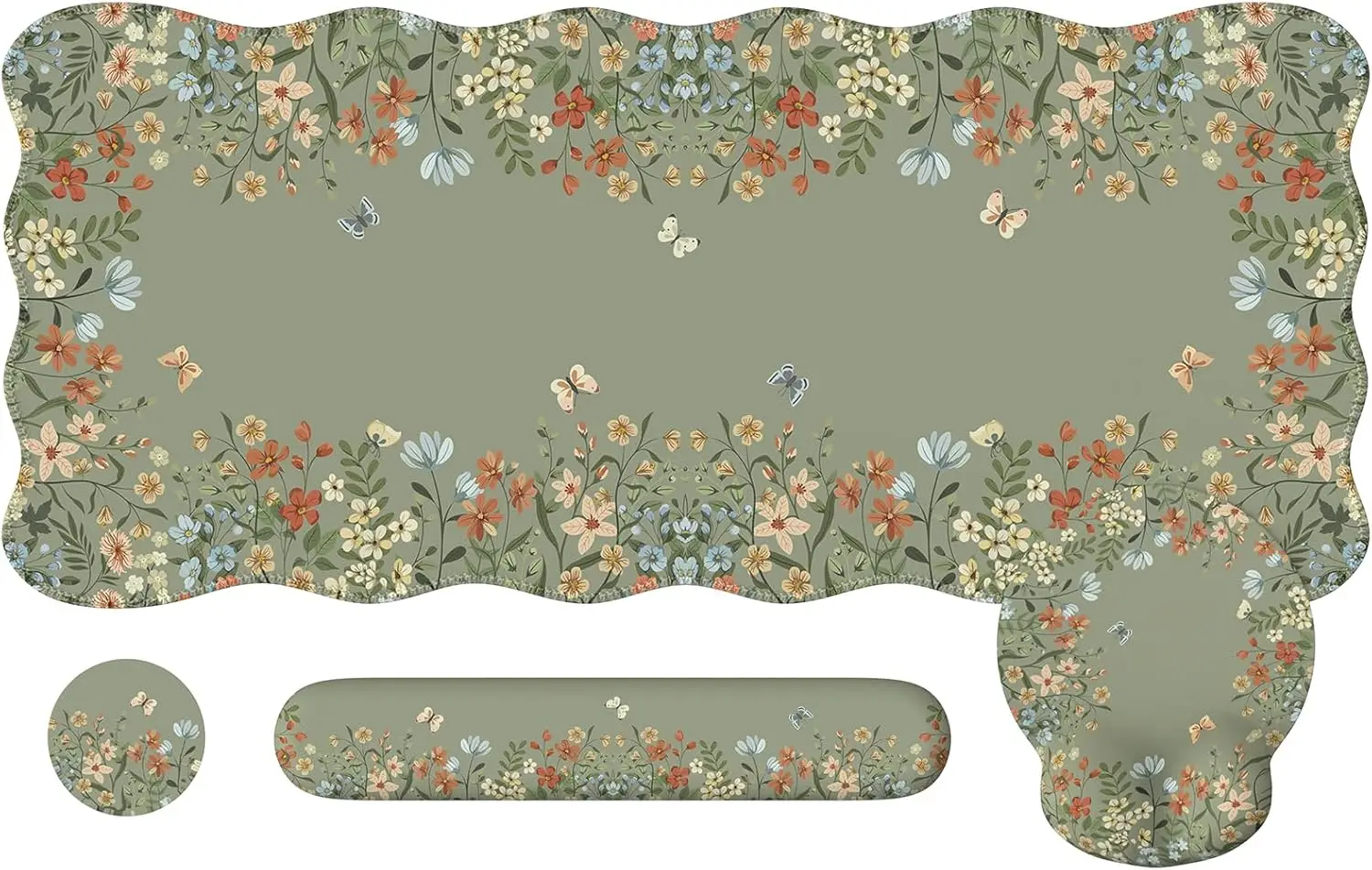 4-Piece Desk Mat Set with Wrist Rest, Ergonomic Keyboard Support, Floral Computer Pad, Non-Slip Desk Protector, Green Scalloped Edge
4-Piece Desk Mat Set with Wrist Rest, Ergonomic Keyboard Support, Floral Computer Pad, Non-Slip Desk Protector, Green Scalloped Edge