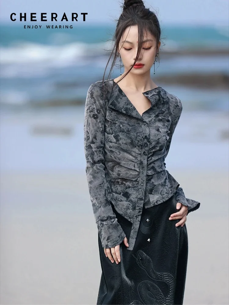 CHEERART Flocking Floral Gray Vintage Long Sleeve Shirts & Blouses Designer Mesh Tops For Woman Elegant Button Up Shirts
CHEERART Flocking Floral Gray Vintage Long Sleeve Shirts & Blouses Designer Mesh Tops For Woman Elegant Button Up Shirts