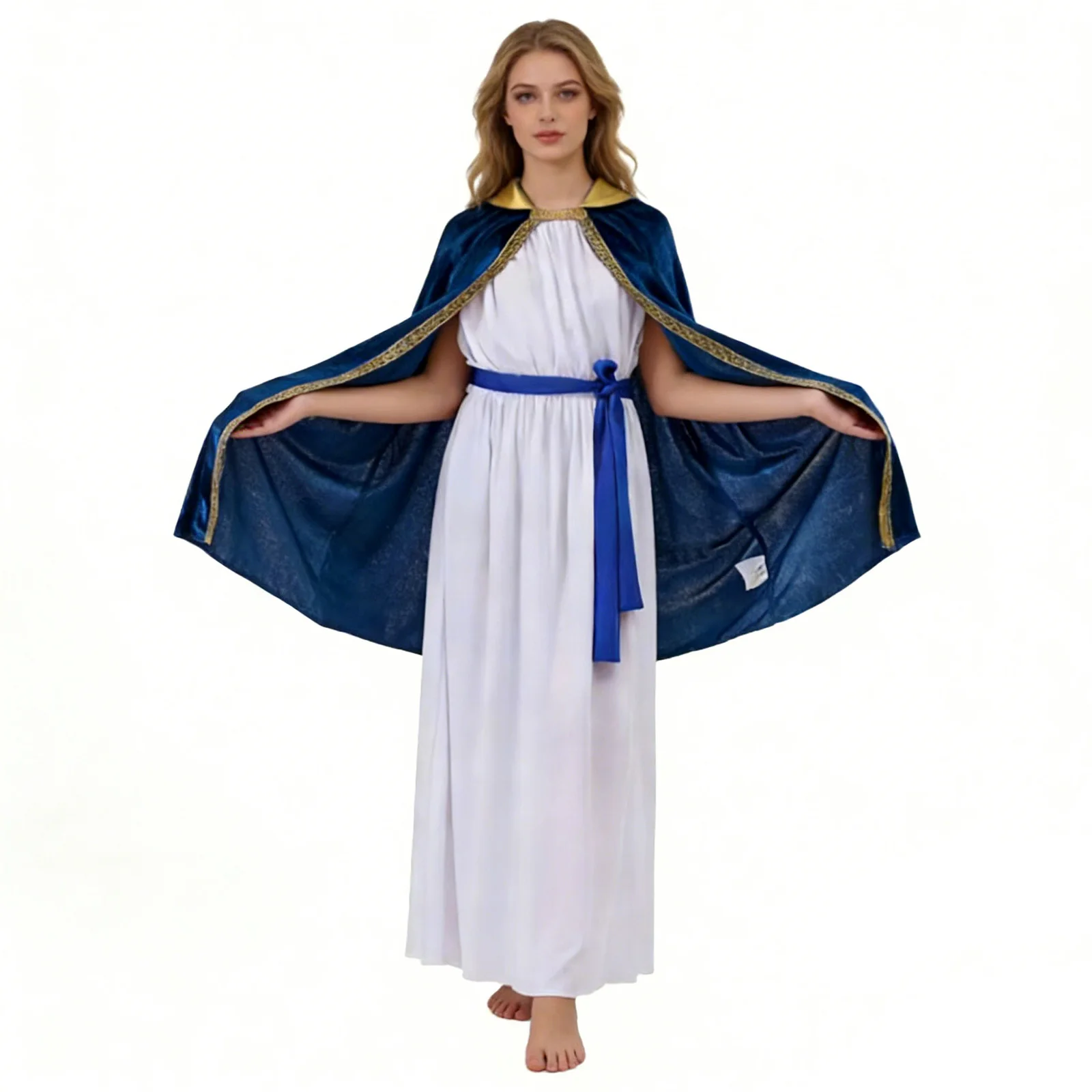 Womens Adults Virgin Mary Cosplay Outfit Brocade Trim Cloak Tunic Dress with Headpiece Belt Halloween Church Pastor Nun Costume
Womens Adults Virgin Mary Cosplay Outfit Brocade Trim Cloak Tunic Dress with Headpiece Belt Halloween Church Pastor Nun Costume