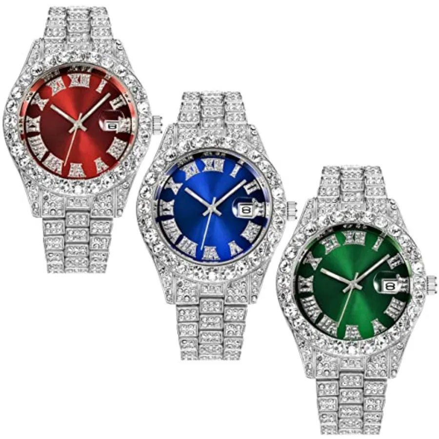 Men Hip Hop Watch with Roman Scale Calendar Crystal Rhinestone Watches Stainless Steel Iced-Out Wrist Watch Wholesale 3 Pack
Men Hip Hop Watch with Roman Scale Calendar Crystal Rhinestone Watches Stainless Steel Iced-Out Wrist Watch Wholesale 3 Pack
