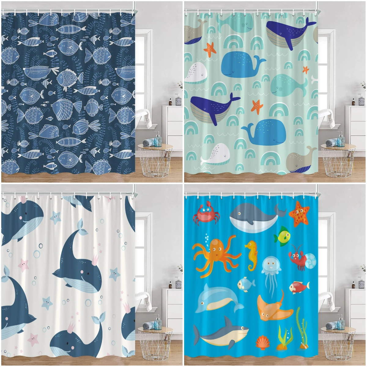 Занавеска для душа с изображением морских животных, милый Кит, морская звезда, украшения для дома для ванной комнаты, детская полиэстеровая занавеска для ванной с крючками
Занавеска для душа с изображением морских животных, милый Кит, морская звезда, украшения для дома для ванной комнаты, детская полиэстеровая занавеска для ванной с крючками