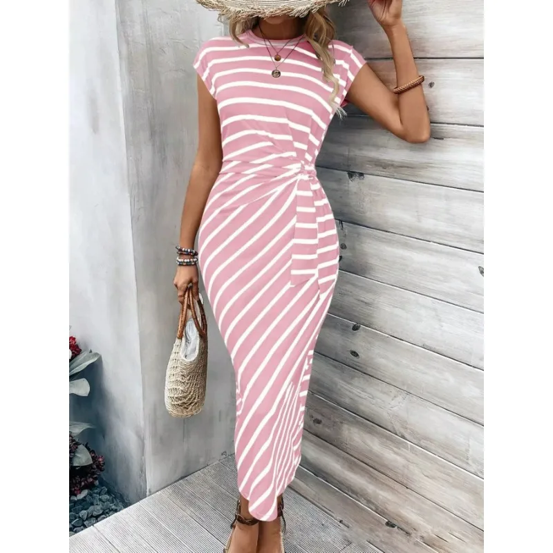 2025 Summer New Product Elegant Waist Strap Striped Round Neck Short Sleeve Long Dress with High Quality Women's Wear Slim Fit
2025 Summer New Product Elegant Waist Strap Striped Round Neck Short Sleeve Long Dress with High Quality Women's Wear Slim Fit
