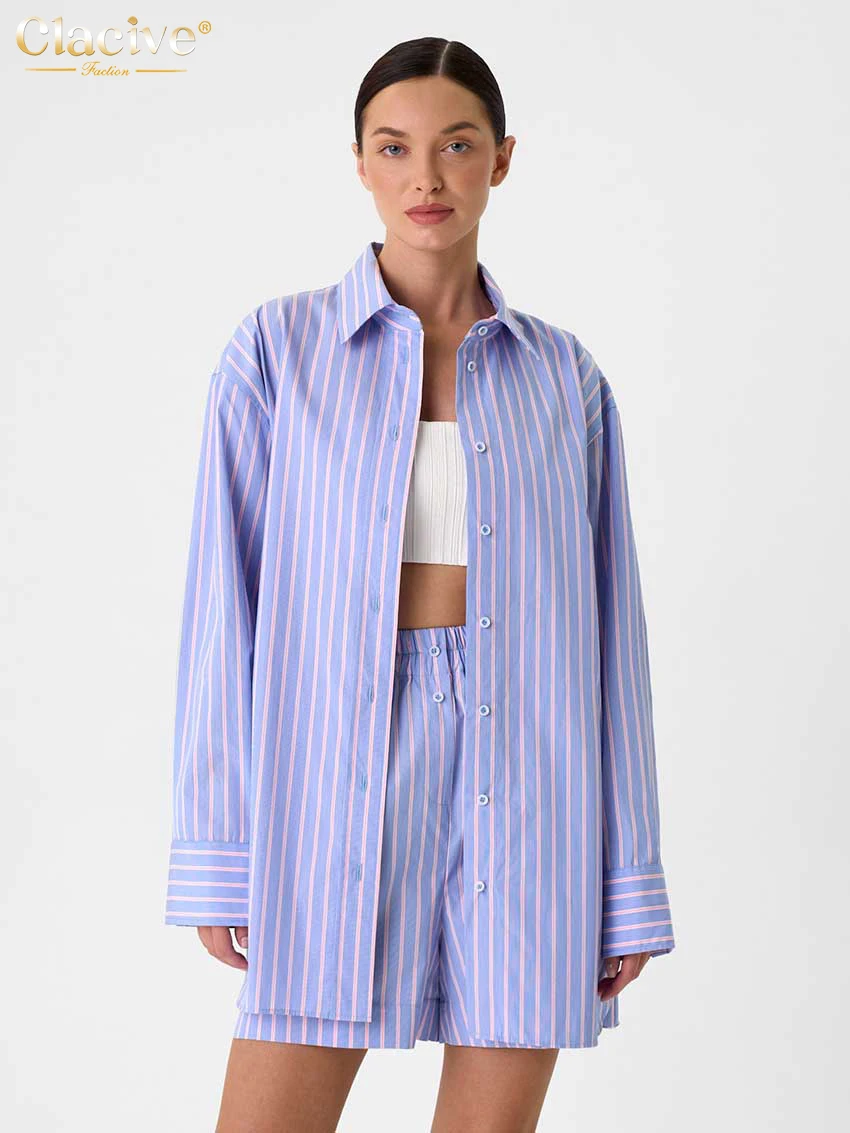 Clacive Fashion Loose Stripe Print Women's Two Pieces Set 2025 Elegant Long Sleeve Shirt With High Waist Shorts Set Female
Clacive Fashion Loose Stripe Print Women's Two Pieces Set 2025 Elegant Long Sleeve Shirt With High Waist Shorts Set Female