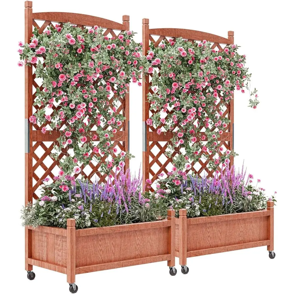 Dual-Purpose Wooden Planter Box with Trellis and Wheels for Patio Gardening
Dual-Purpose Wooden Planter Box with Trellis and Wheels for Patio Gardening