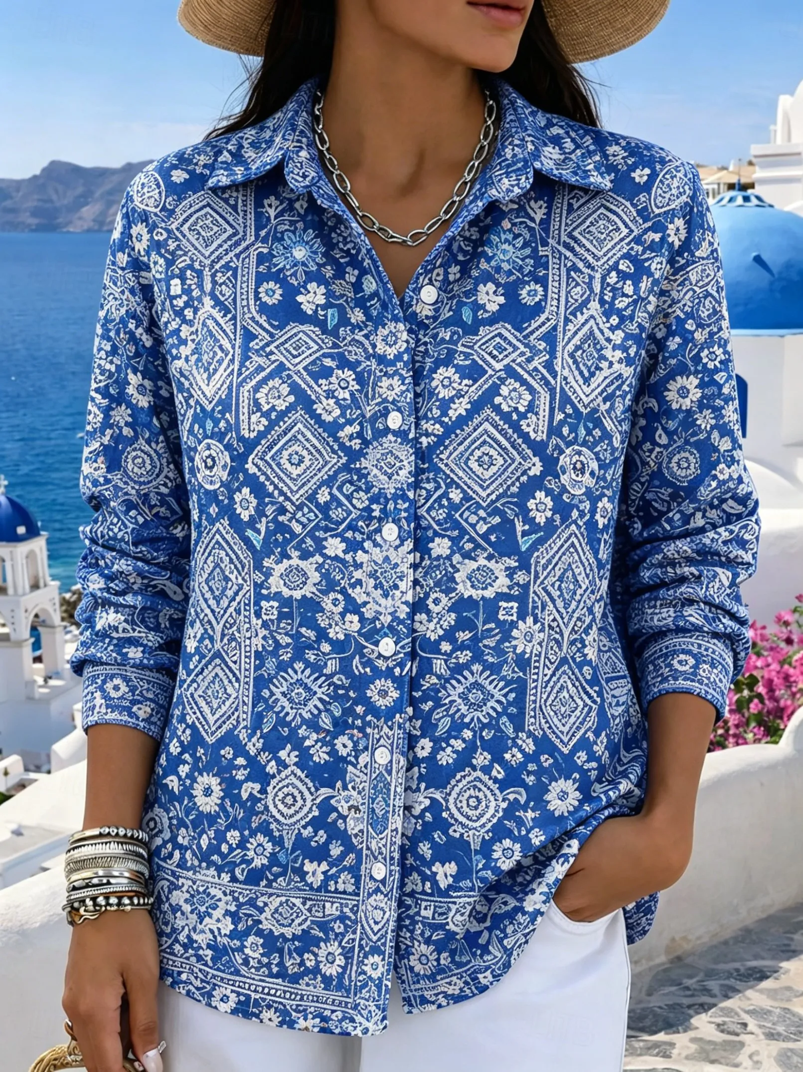 Women's Long Sleeve Ethnic Floral Print Button Down Casual Shirt Elegant Daily Blouse Tops in Blue for Spring Summer
Women's Long Sleeve Ethnic Floral Print Button Down Casual Shirt Elegant Daily Blouse Tops in Blue for Spring Summer