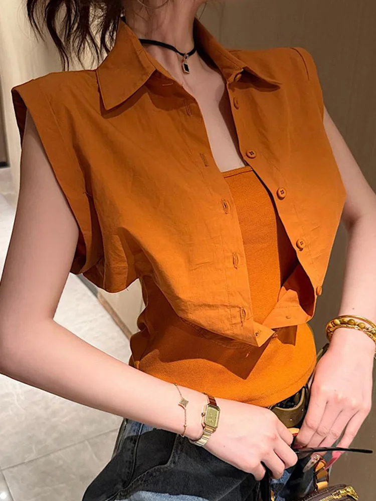 Korean Style Fashionable Neck Sleeveless Shirt Women's Summer New Orange Fake Two-Piece Slimming Top Polyester Material
Korean Style Fashionable Neck Sleeveless Shirt Women's Summer New Orange Fake Two-Piece Slimming Top Polyester Material