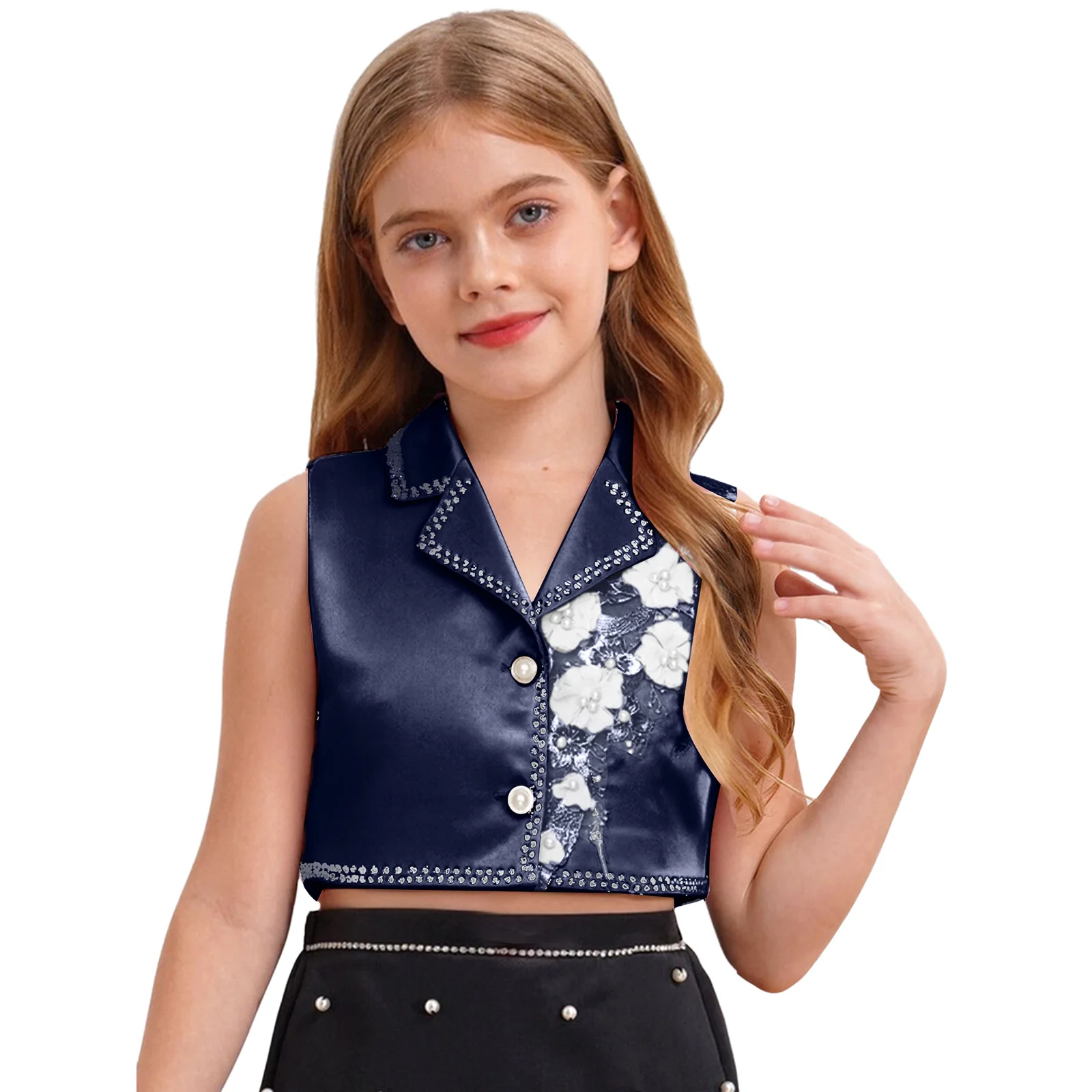 Kid Girls Sleeveless Lapel Rhinestone Short Vest Top Flower Button Closure Party Crop Tank Bolero for Birthday Banquet Pageant
Kid Girls Sleeveless Lapel Rhinestone Short Vest Top Flower Button Closure Party Crop Tank Bolero for Birthday Banquet Pageant