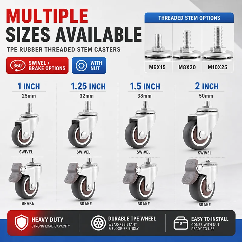 TPE Rubber Threaded Stem Caster Wheel 1/1.25/1.5/2 Inch M6 M8 M10 Swivel Brake Wheels with Nut for Furniture Cart
TPE Rubber Threaded Stem Caster Wheel 1/1.25/1.5/2 Inch M6 M8 M10 Swivel Brake Wheels with Nut for Furniture Cart