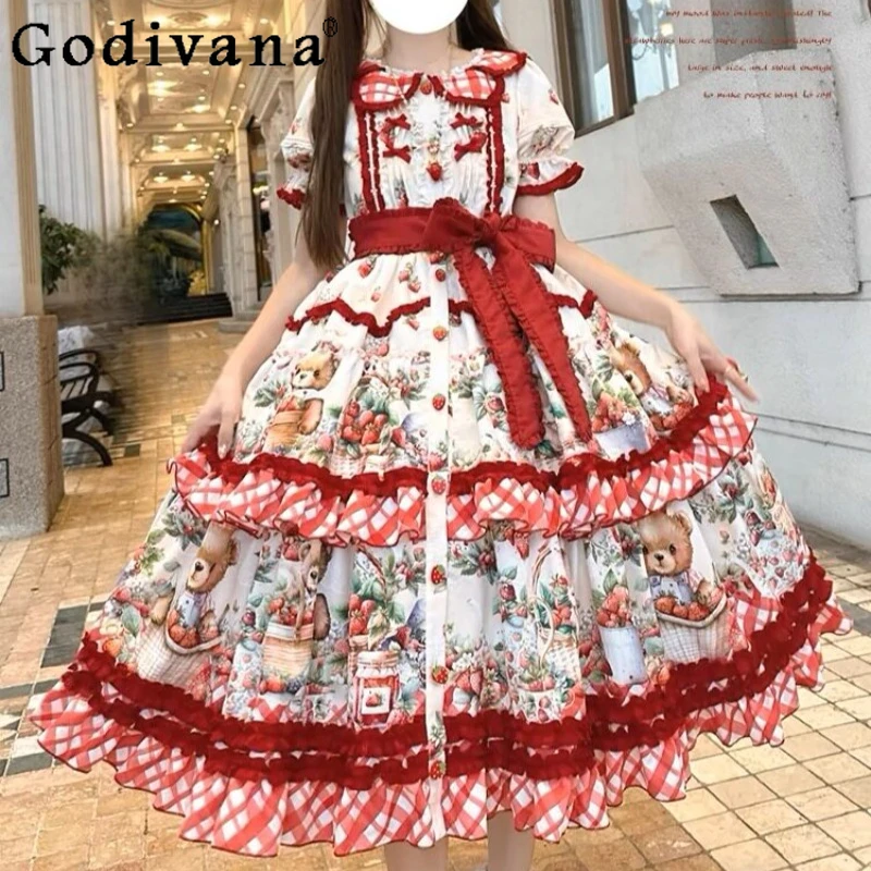 Strawberry Bear Print Red White Lace Dress Women Sweet Lolita JSK Ruffle Bow Apron Dress Girls Japanese Princess Party Dress
Strawberry Bear Print Red White Lace Dress Women Sweet Lolita JSK Ruffle Bow Apron Dress Girls Japanese Princess Party Dress