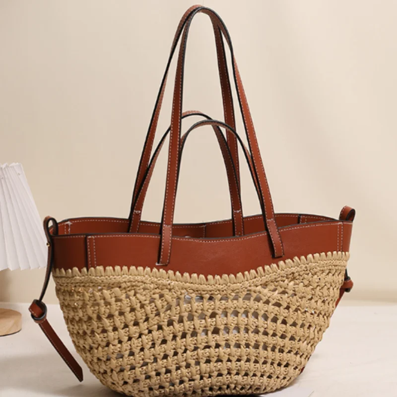Luxury Openwork Straw Shoulder Bag New Summer Beach Vacation Tote Bag Large Size Leather Patchwork Color-blocked Women's Handbag
Luxury Openwork Straw Shoulder Bag New Summer Beach Vacation Tote Bag Large Size Leather Patchwork Color-blocked Women's Handbag