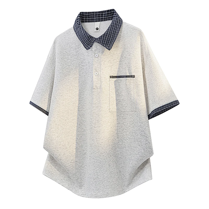 Men’s Checked Trim Polo Shirt with Contrasting Checked Trim on The Collar Cuffs and Pockets in A Korean Street Style
Men’s Checked Trim Polo Shirt with Contrasting Checked Trim on The Collar Cuffs and Pockets in A Korean Street Style