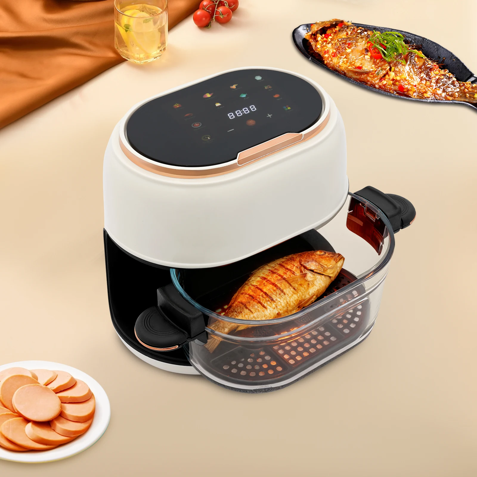 White Adjustable Hot Air Fryer 135.27oz LED Touch Screen Hot Air Fryer for Cakes Chicken Wings Fish Meat Shrimp
White Adjustable Hot Air Fryer 135.27oz LED Touch Screen Hot Air Fryer for Cakes Chicken Wings Fish Meat Shrimp