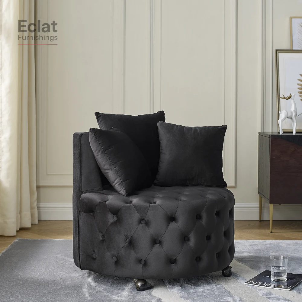 Velvet Upholstered Swivel Chair for Living Room, with Button Tufted Design and Movable Wheels, Including 3 Pillows, Black
Velvet Upholstered Swivel Chair for Living Room, with Button Tufted Design and Movable Wheels, Including 3 Pillows, Black