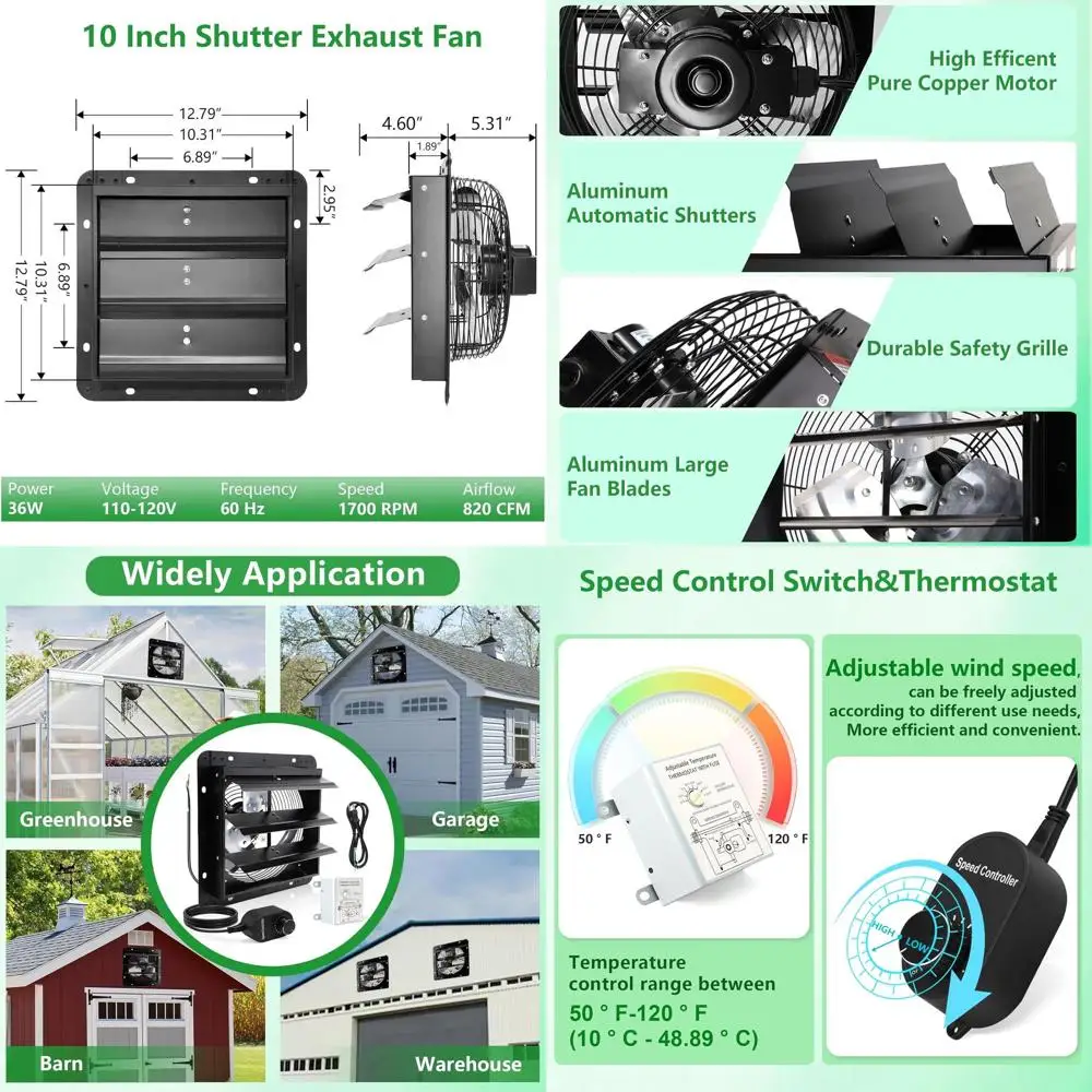 10-Inch Wall Mount Attic Ventilator for Chicken Coops, Greenhouse, Barn, and Shed - 820 CM, 1700 RPM
10-Inch Wall Mount Attic Ventilator for Chicken Coops, Greenhouse, Barn, and Shed - 820 CM, 1700 RPM
