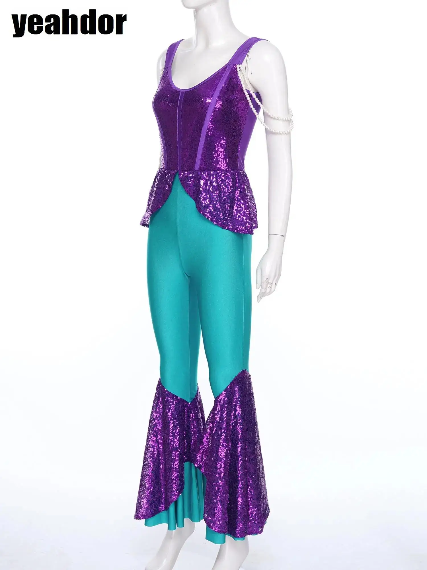 Women Halloween Mermaid Jumpsuit Sequin Mesh Sleeveless Bell Bottom Pants Rompers Bodysuit Ocean Party Mermaid Princess Costumes
Women Halloween Mermaid Jumpsuit Sequin Mesh Sleeveless Bell Bottom Pants Rompers Bodysuit Ocean Party Mermaid Princess Costumes