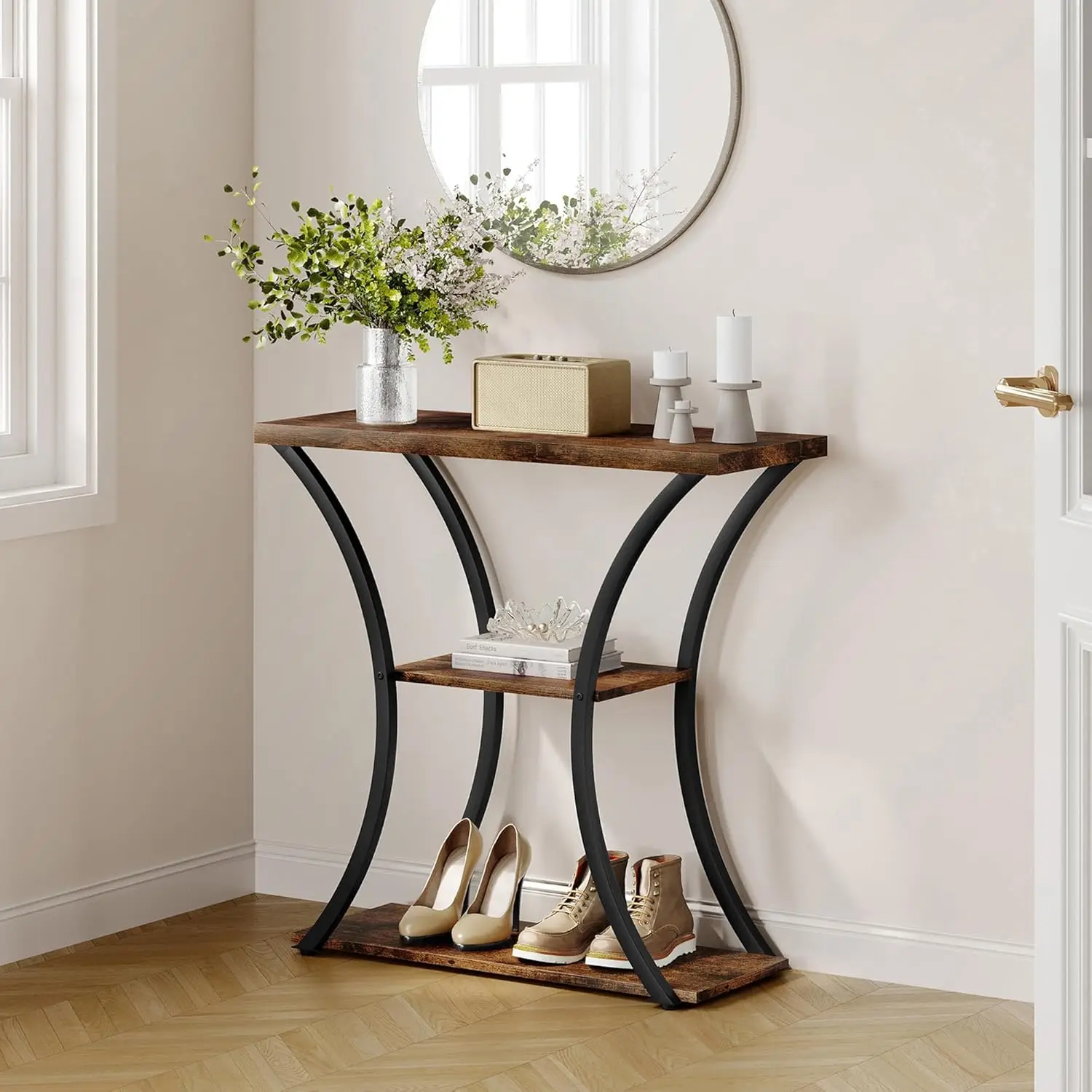 3-Tier Console Table with Open Wood Shelves, Curved Metal Frames, Rustic Brown and Black for Entryway, Living Room
3-Tier Console Table with Open Wood Shelves, Curved Metal Frames, Rustic Brown and Black for Entryway, Living Room