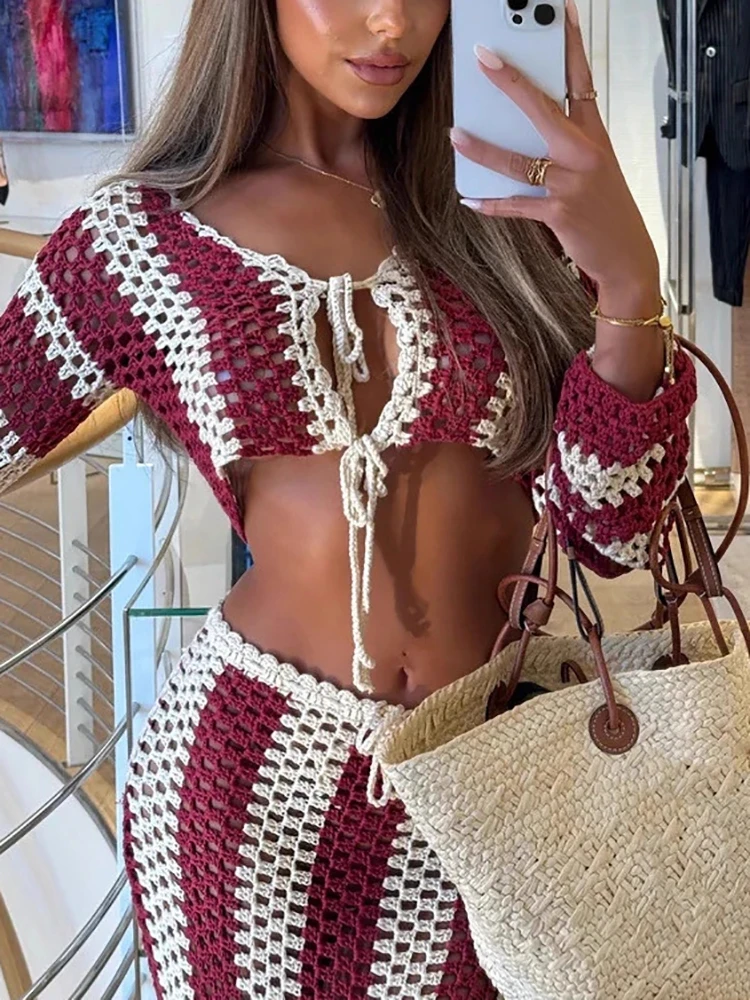 Striped Crochet Slim Beach Two Piece Set New Summer Long Sleeved Top + Skirt Women Suit Hollowed Out Knitted Sexy Bikini Outfit
Striped Crochet Slim Beach Two Piece Set New Summer Long Sleeved Top + Skirt Women Suit Hollowed Out Knitted Sexy Bikini Outfit