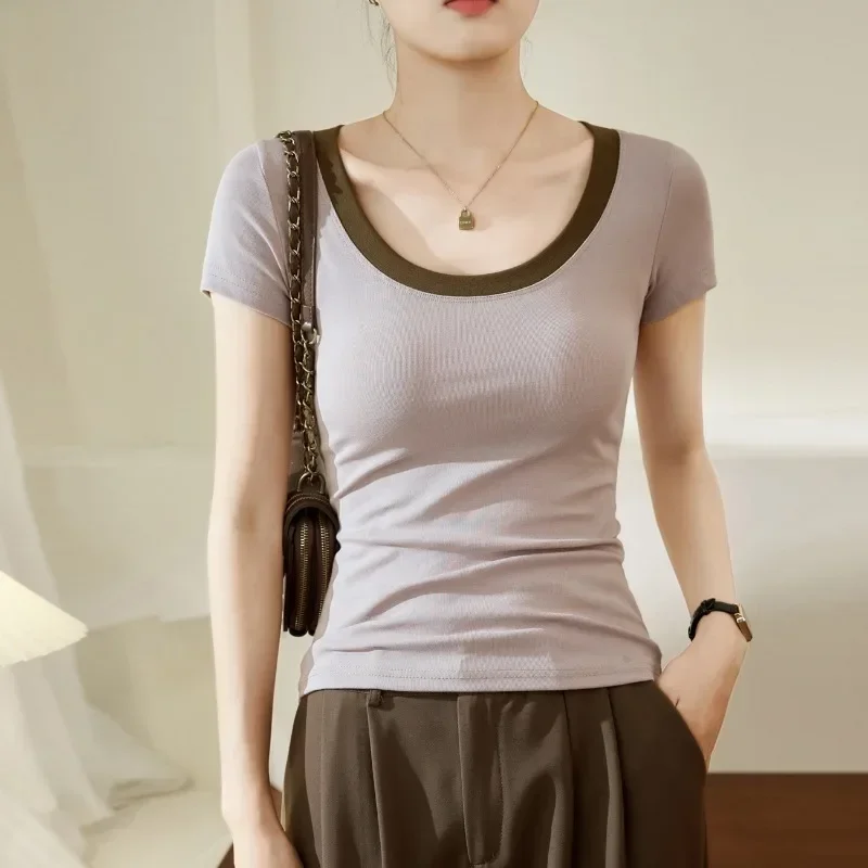New Women U Neck Striped Tops Summer Fashion Slim T-shirts Casual Short Sleeve Tees Chic Sweet Girls Clothing Simple Streetwear
New Women U Neck Striped Tops Summer Fashion Slim T-shirts Casual Short Sleeve Tees Chic Sweet Girls Clothing Simple Streetwear
