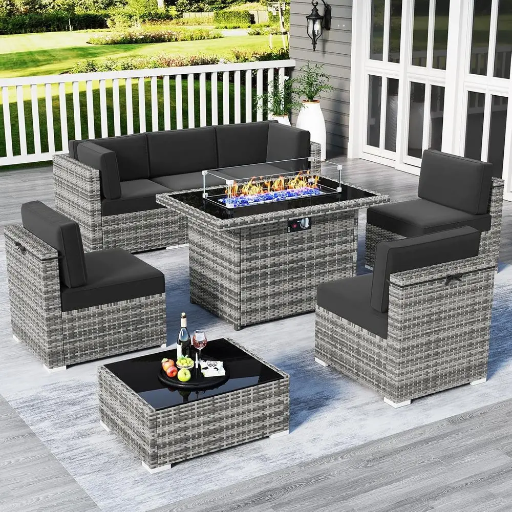 8-Piece Patio Furniture Set with Fire Pit Table, Outdoor Wicker Rattan Sectional Sofa with Coffee Table
8-Piece Patio Furniture Set with Fire Pit Table, Outdoor Wicker Rattan Sectional Sofa with Coffee Table