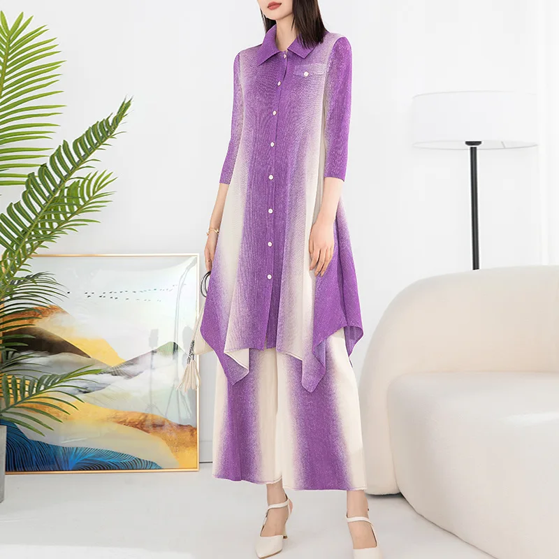 Miyake Pleated Fashion Leisure Suit 2023 Spring Summer New High-end Gradient Shirt Collar Long Coat+Wide-Leg Pants Two-Piece Set
Miyake Pleated Fashion Leisure Suit 2023 Spring Summer New High-end Gradient Shirt Collar Long Coat+Wide-Leg Pants Two-Piece Set