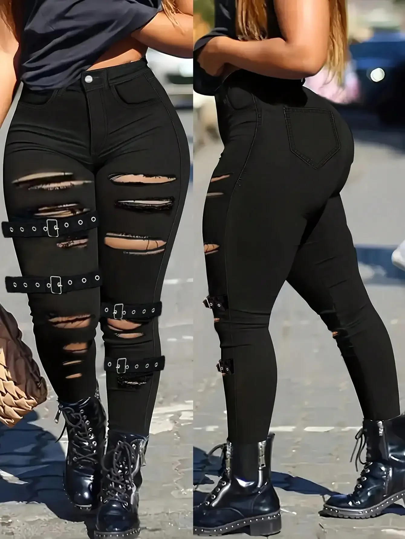 Women's Black Distressed High-Waist Stretch Jeans with Buckle Straps
Women's Black Distressed High-Waist Stretch Jeans with Buckle Straps