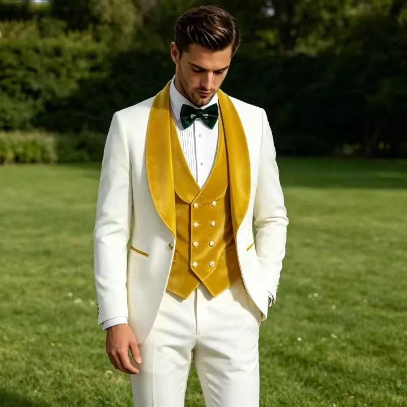 2026 Men Suit Sets Formal Luxury Ivory Blazer Vest Pants Gold Velvet Lapel Outfits Wedding Groom Custom Fashion Slim Fit Costume
2026 Men Suit Sets Formal Luxury Ivory Blazer Vest Pants Gold Velvet Lapel Outfits Wedding Groom Custom Fashion Slim Fit Costume