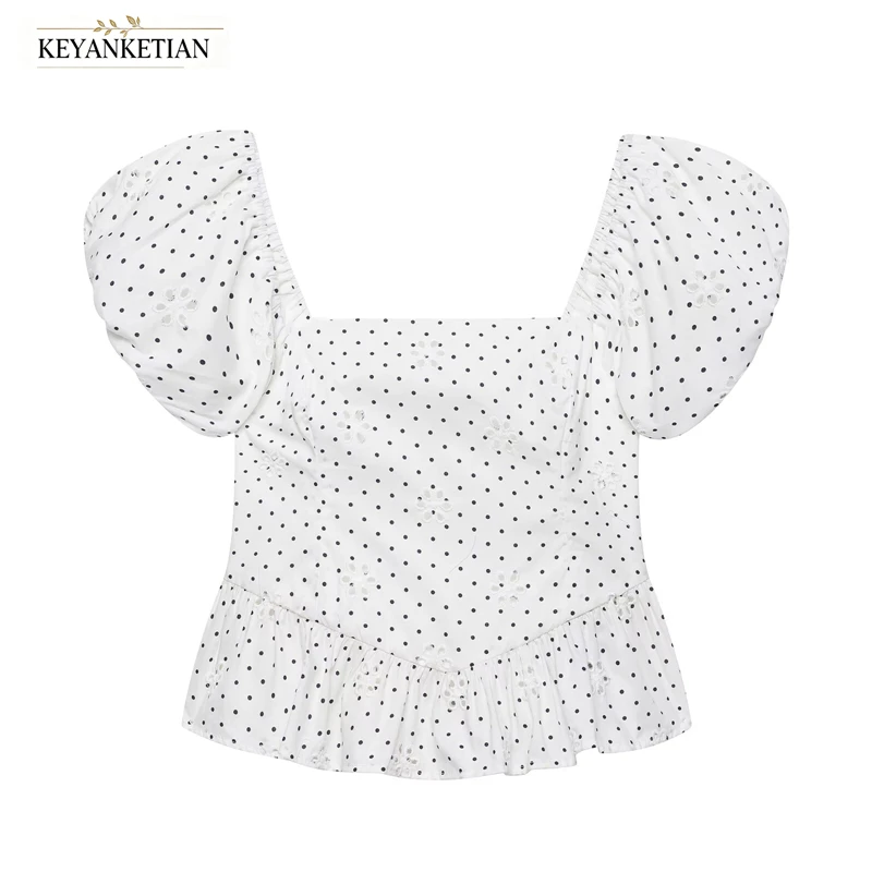 KEYANKETIAN 2026 French Square Neck Puff Sleeve Polka Dot Crop Top Shirt Hollow Floral Embroidery Ruffle Hem White Slim Blouse
KEYANKETIAN 2026 French Square Neck Puff Sleeve Polka Dot Crop Top Shirt Hollow Floral Embroidery Ruffle Hem White Slim Blouse