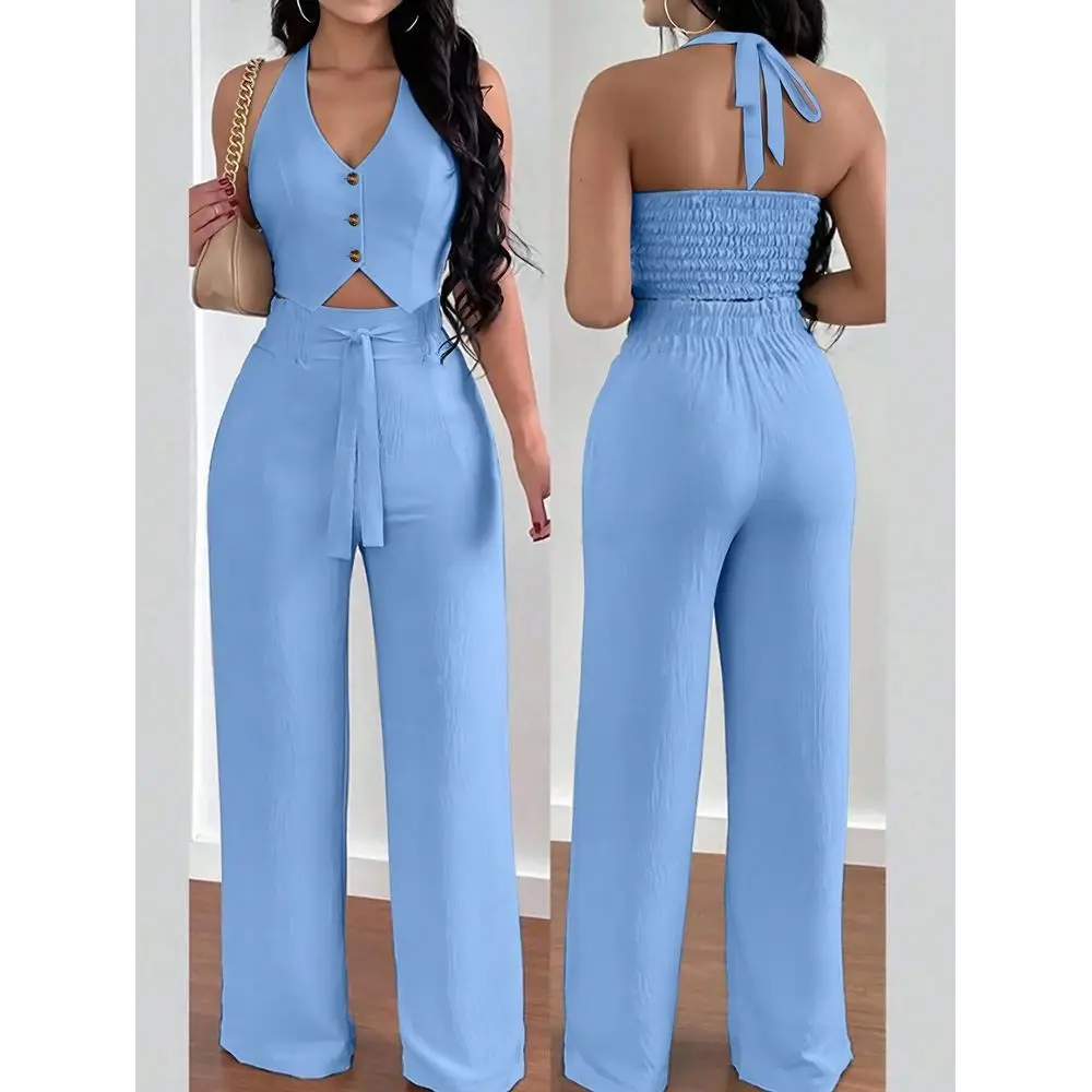 Womens Casual Vacation Halter Tie Backless Vest And Wide Leg Pants Two Pieces Set
Womens Casual Vacation Halter Tie Backless Vest And Wide Leg Pants Two Pieces Set